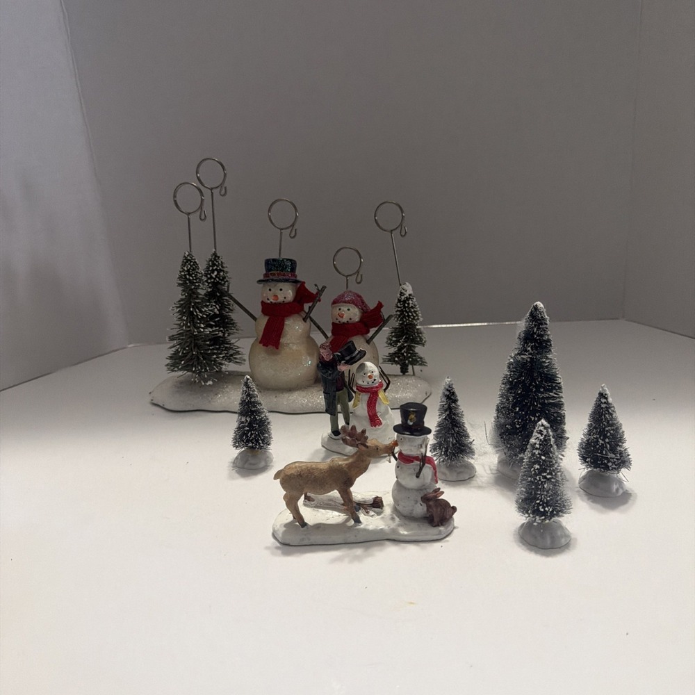 Christmas Village Snowman Reindeer Figurine Set Bottle Brush Trees Card Holder